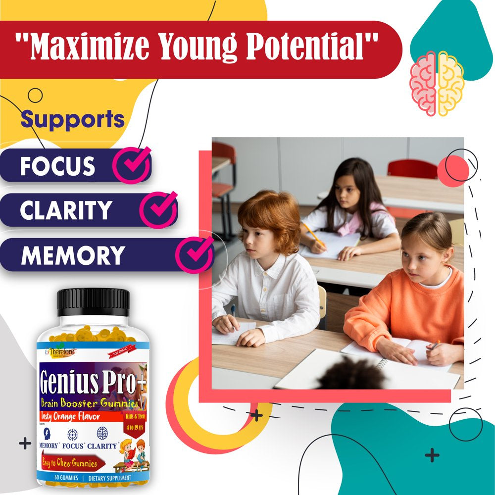 Geniuspro+ Kids Brain Focus Supplements with Omega 3, Support Focus, Memory, Attention, Mood, Chewable Nootropics Brain Vitamins for Kids & Teens, Brain Health Supplement, Fruity Flavor 60 Gummies