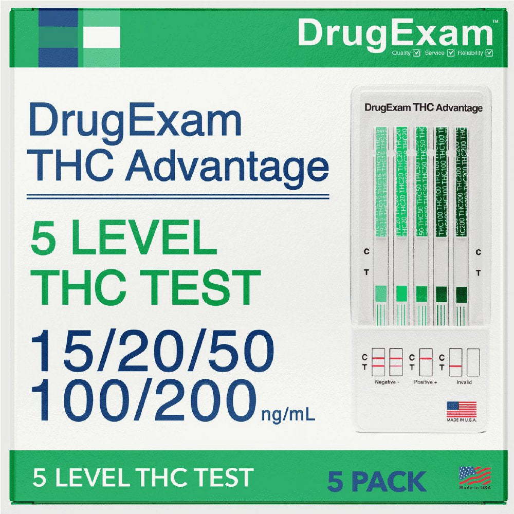 5 Pack - Drugexam THC Advantage Made in USA Multi Level Marijuana Home Urine Test Kit. Highly Sensitive THC 5 Level Drug Test Kit. Detects at 15 Ng/Ml, 20 Ng/Ml, 50 Ng/Ml, 100 Ng/Ml and 200 Ng/Ml.