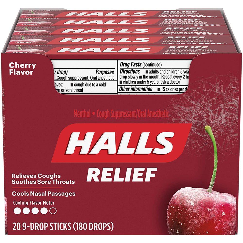 Halls Cherry Cough Drops - with Menthol - 180 Drops (20 Sticks of 9 Drops)