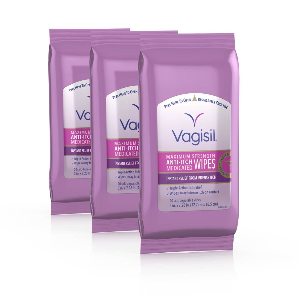 Vagisil Anti-Itch Medicated Wipes, Maximum Strength for Instant Relief, 20 Count, 3 Pack