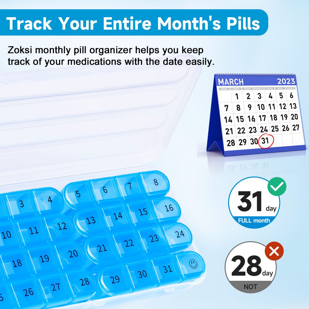 Zoksi Monthly Pill Organizer 1 Times a Day, 30 Day Pill Box Organizer,One Month Pill Case for Travel, 31 Day Daily Medcine Container for Vitamins, Supplement