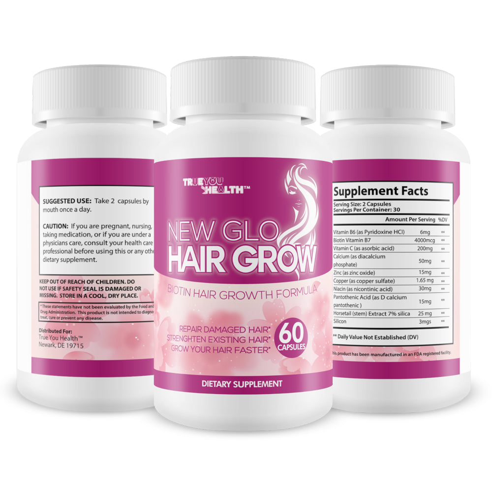 New Glo Hair Grow - Biotin Hair Growth Supplement - Make Hair Grow Faster & Longer with This Biotin Hair Nutrition Growth Formula - Grow Hair Strong & Beautiful - Hair Growth Supplements for Women