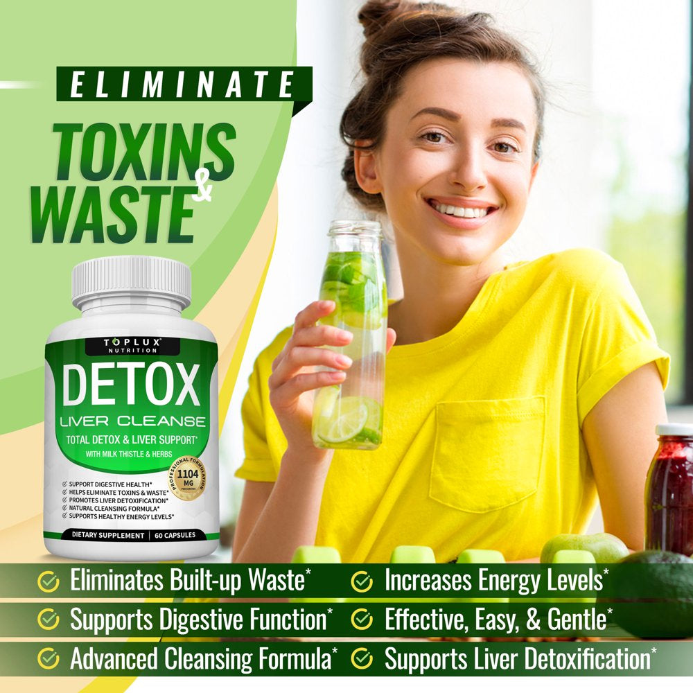 Toplux Detox Liver Cleanse Supplement Support Liver & Body Detox Milk Thistle Artichoke Extract Dandelion Root, 25+ Herbs 60 Capsules