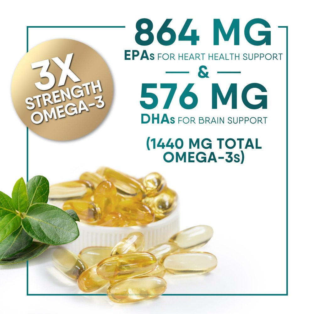 Triple Strength Omega 3 Fish Oil 2400 Mg Softgels, Nature'S Fish Oil Supplements, Brain & Heart Health Support - EPA & DHA, 1200 MG Fish Oil in Each Softgel, Omega-3 Supplement - 60 Fish Oil Softgels