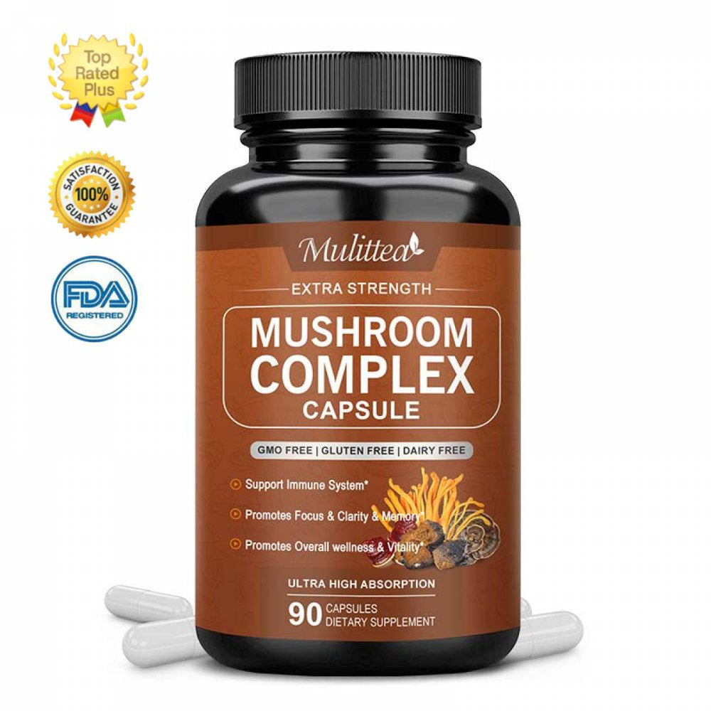 Mulittea Mushroom Complex Tablet(90Pills) - with Lion'S Mane Cordyceps，10 Mushroom Blend - for Immune Booster & Nootropic Brain Supplement