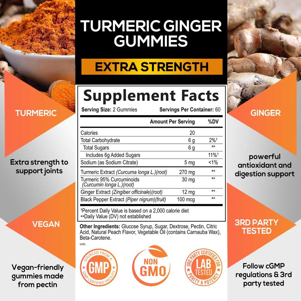 Turmeric Ginger Gummies - Vegan Turmeric Curcumin Gummy with 95% Curcuminoids - Black Pepper for Max Absorption, Herbal Joint Support Supplement, Nature'S Tumeric Extract, Peach Flavor - 120 Gummies