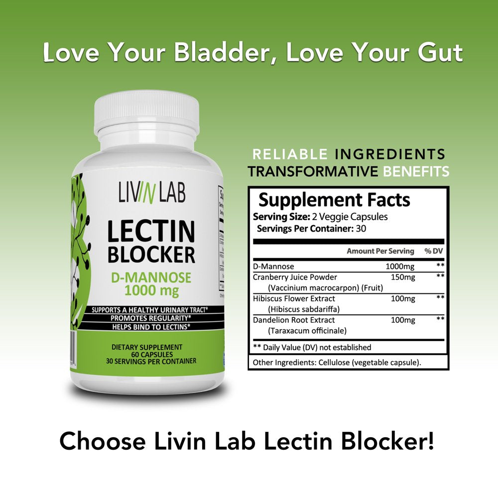 Livin Lab Lectin Blocker | D-Mannose 1000 Mg | Cleanse Urinary Tract | Dietary Supplement to Digestive Health