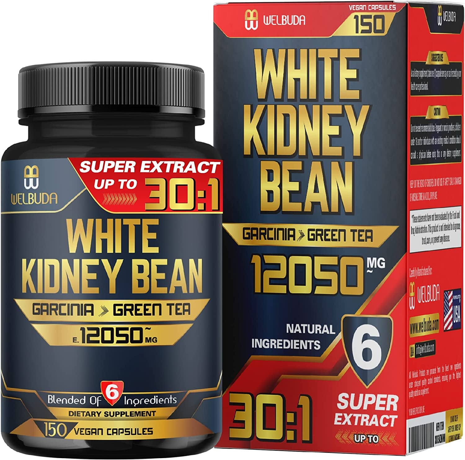 WELBUDA White Kidney Bean Extract Capsules - Combined Garcinia, Green Tea, Olive Leaf, Green Coffee & More - 150 Counts - Herbal Supplement for 5 Months