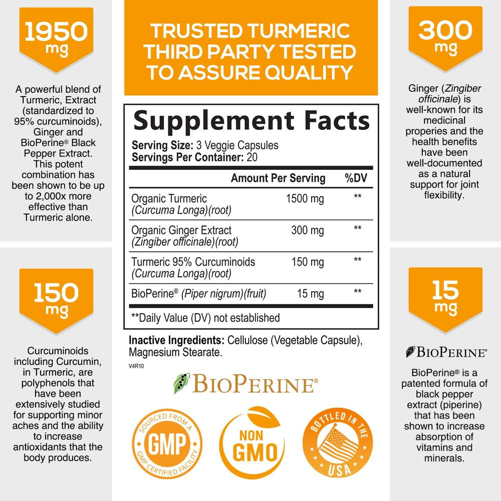 Turmeric Curcumin with Bioperine & Ginger 95% Standardized Curcuminoids 1950Mg Black Pepper for Max Absorption Joint Support, Nature'S Tumeric Herbal Extract Supplement, Vegan, Non-Gmo - 60 Capsules