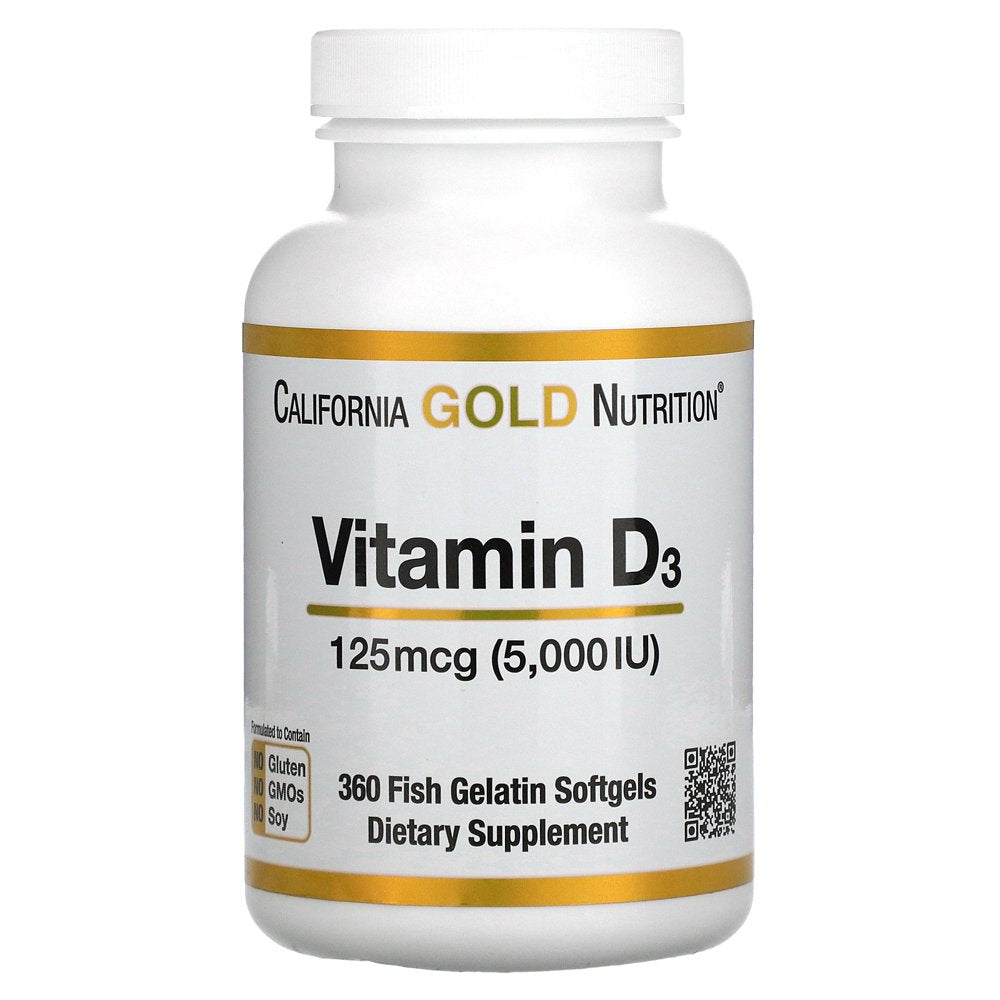 Vitamin D3, 5,000IU, Cholecalciferol from Lanolin, 125 Mcg, 360 Fish Gelatin Softgels