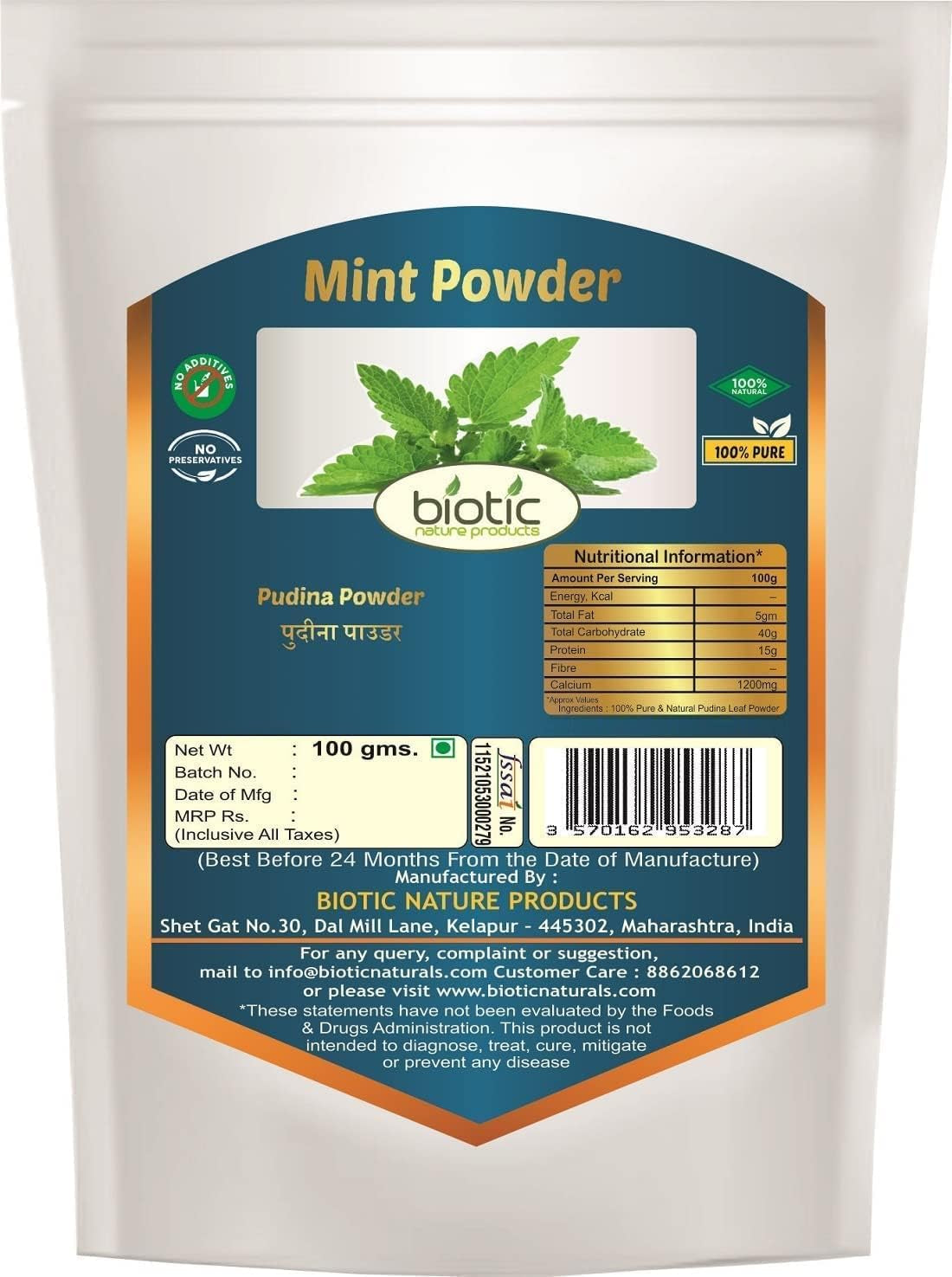 Biotic Mint Powder - Pudina Leaf Powder - Pudina Leaves Powder - Fresh Mint Leaf Powder - 100G