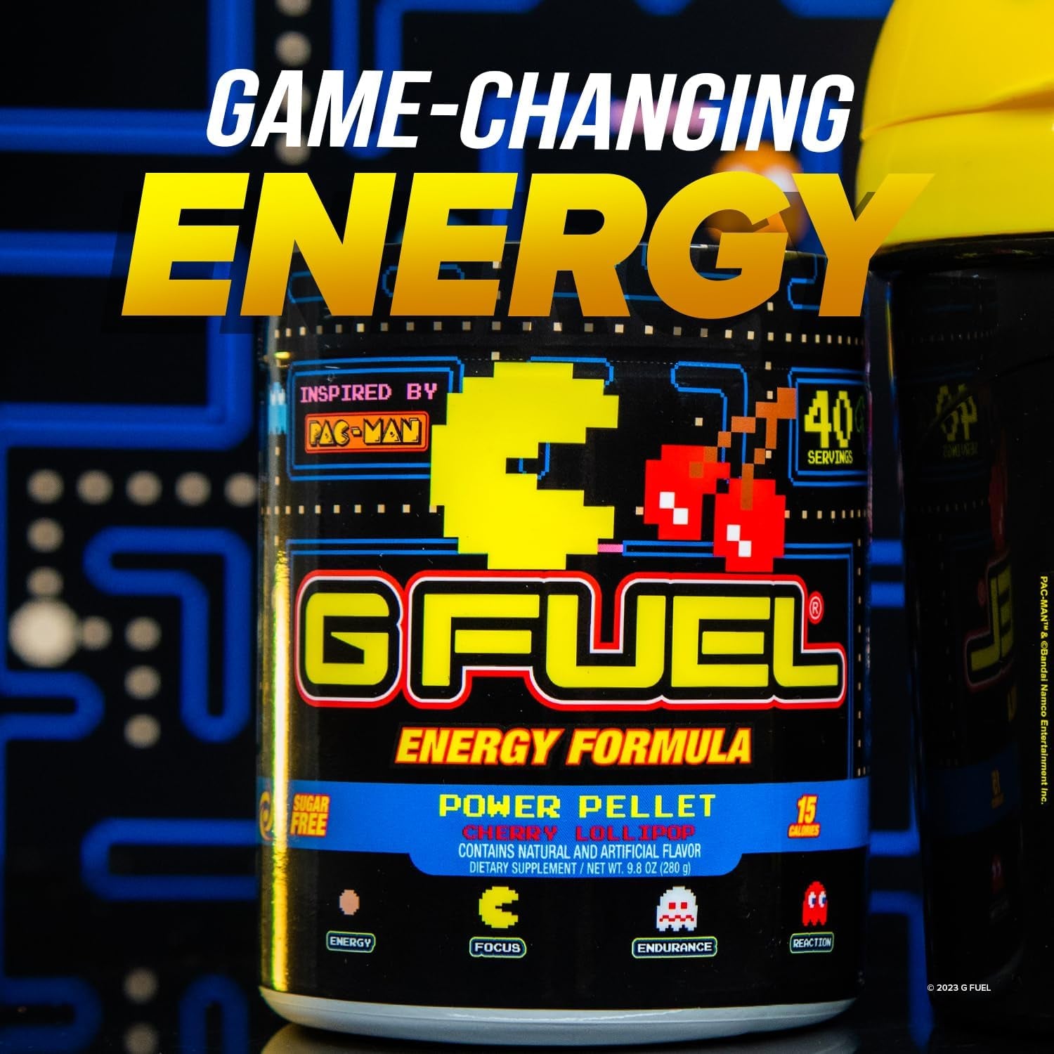 G Fuel Pac-Man Energy Powder, Sugar Free, Clean Caffeine Focus Supplement, Water Mix, Cherry Lollipop Flavor, Focus Amino, Vitamin + Antioxidants Blend, 9.8 Oz (40 Servings)