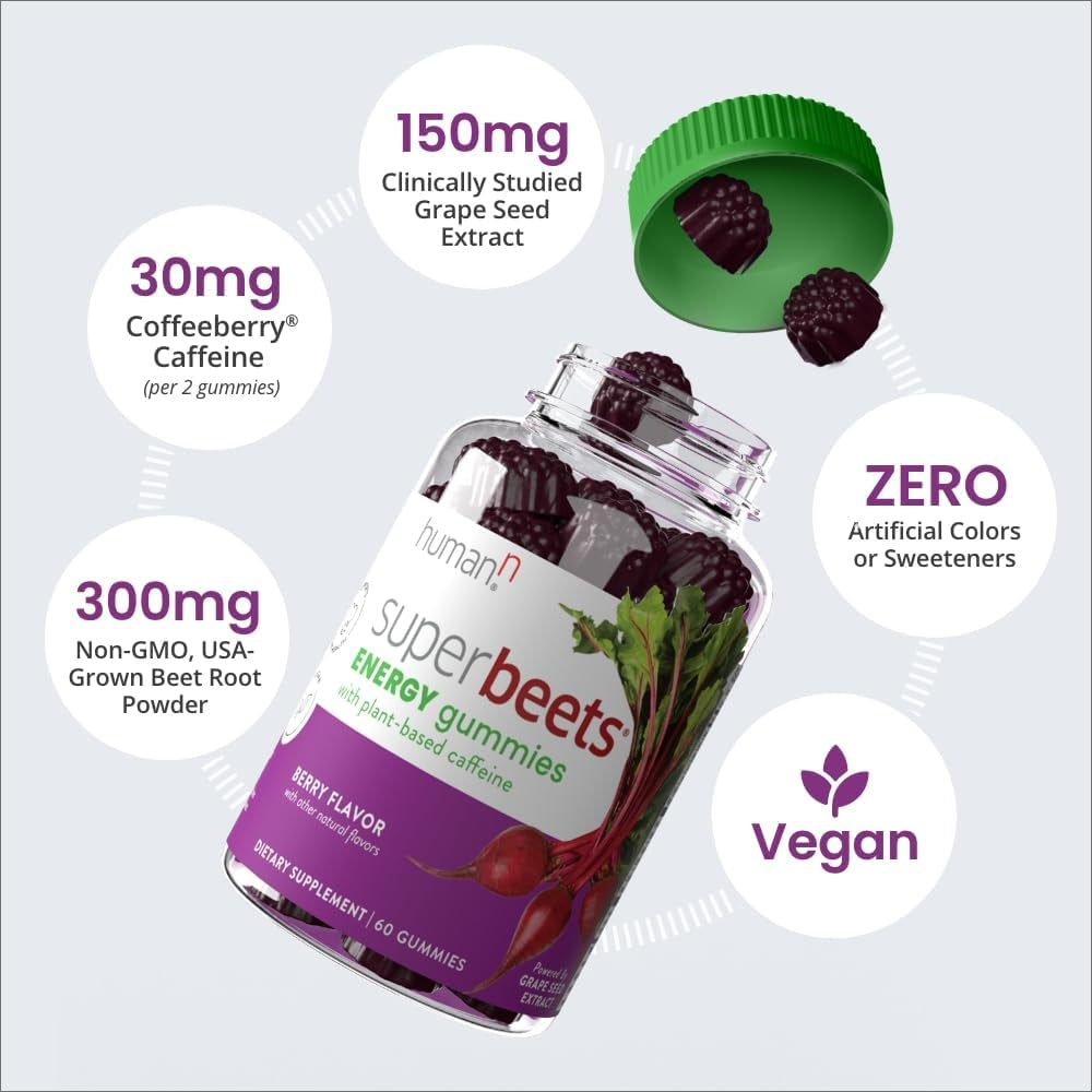 Humann Superbeets Energy Gummies - Quick Energy & Mental Focus - Help Increase Nitric Oxide - Supports Healthy Blood Pressure & Circulation Support - Antioxidant, Non-Gmo - Berry Flavor, 60 Count