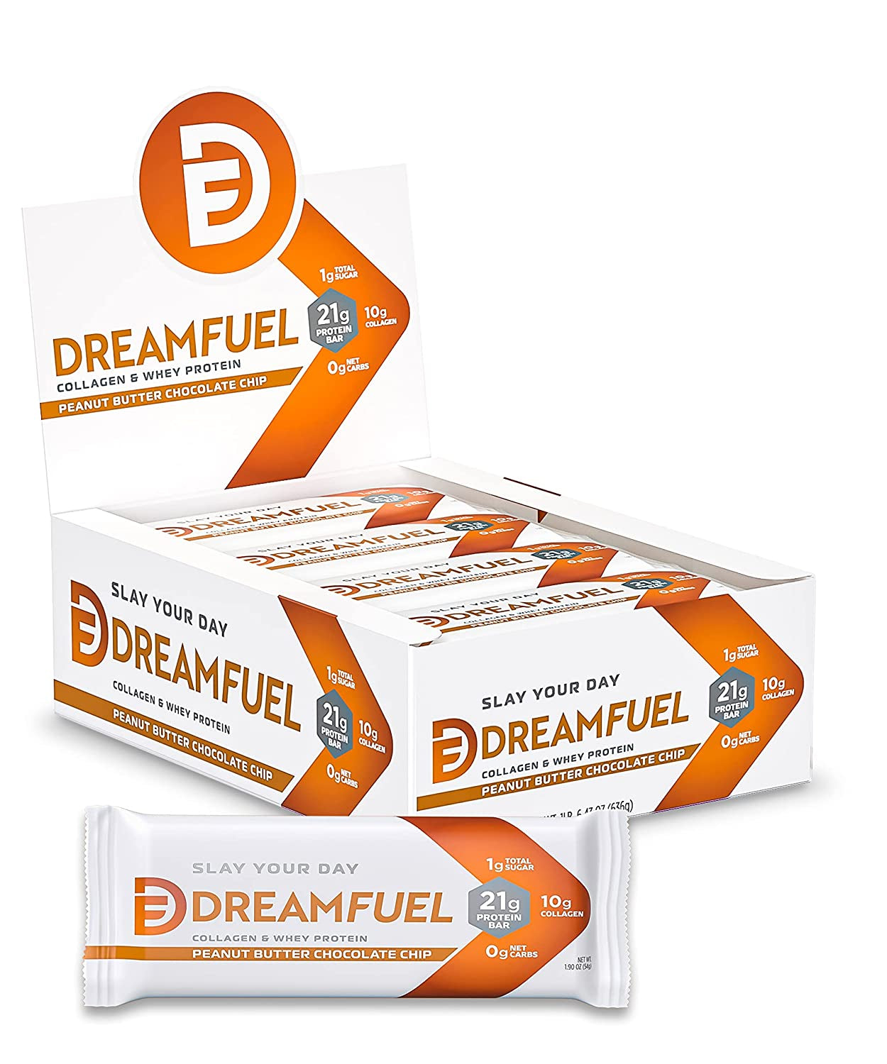 DREAM FUEL High Protein Bar, Peanut Butter Chocolate Chip, 21G Protein, 10G Collagen, 0G Net Carbs, Low Sugar, Low Carb, Low Calorie, No Sugar Alcohols, No Added Sugar, Gluten Free, Keto Friendly, Non-Gmo, 12 Pack