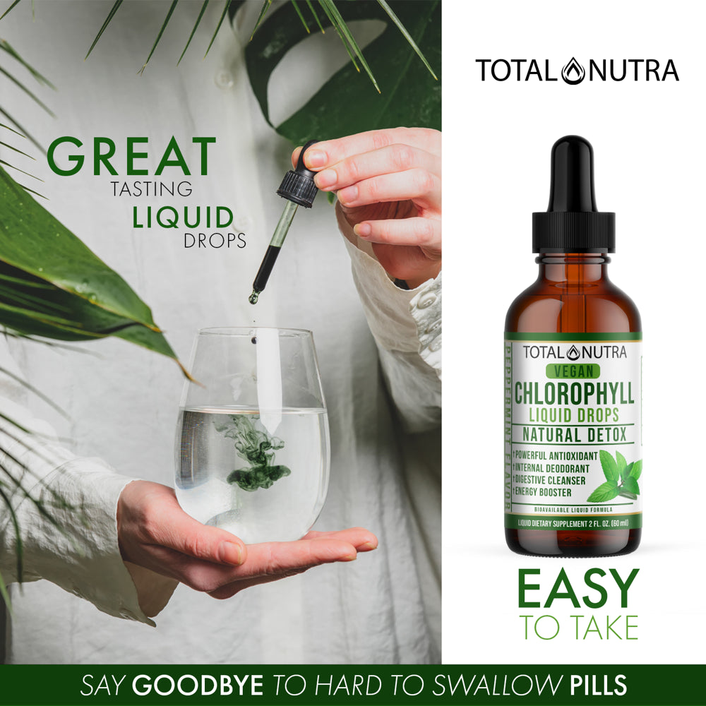 Total Nutra Mint Flavored Liquid Chlorophyll Drops – Helps to Eliminate Body Odor, Liver Detox- Immune Support - Vegan Drop from Mulberry Leaves - 2 Oz.