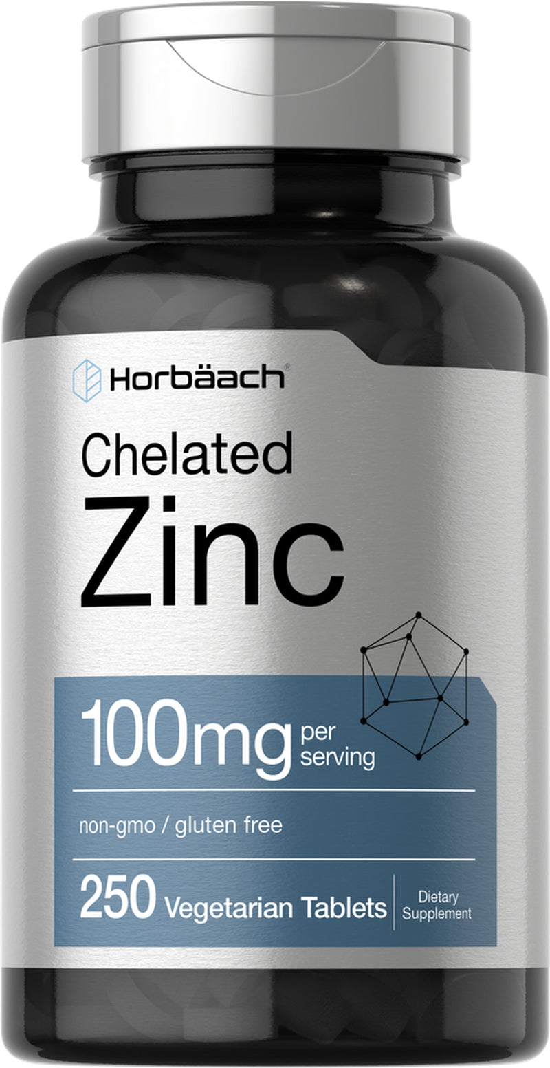 Chelated Zinc Supplement 100Mg | 250 Tablets | Vegetarian Formula | by Horbaach