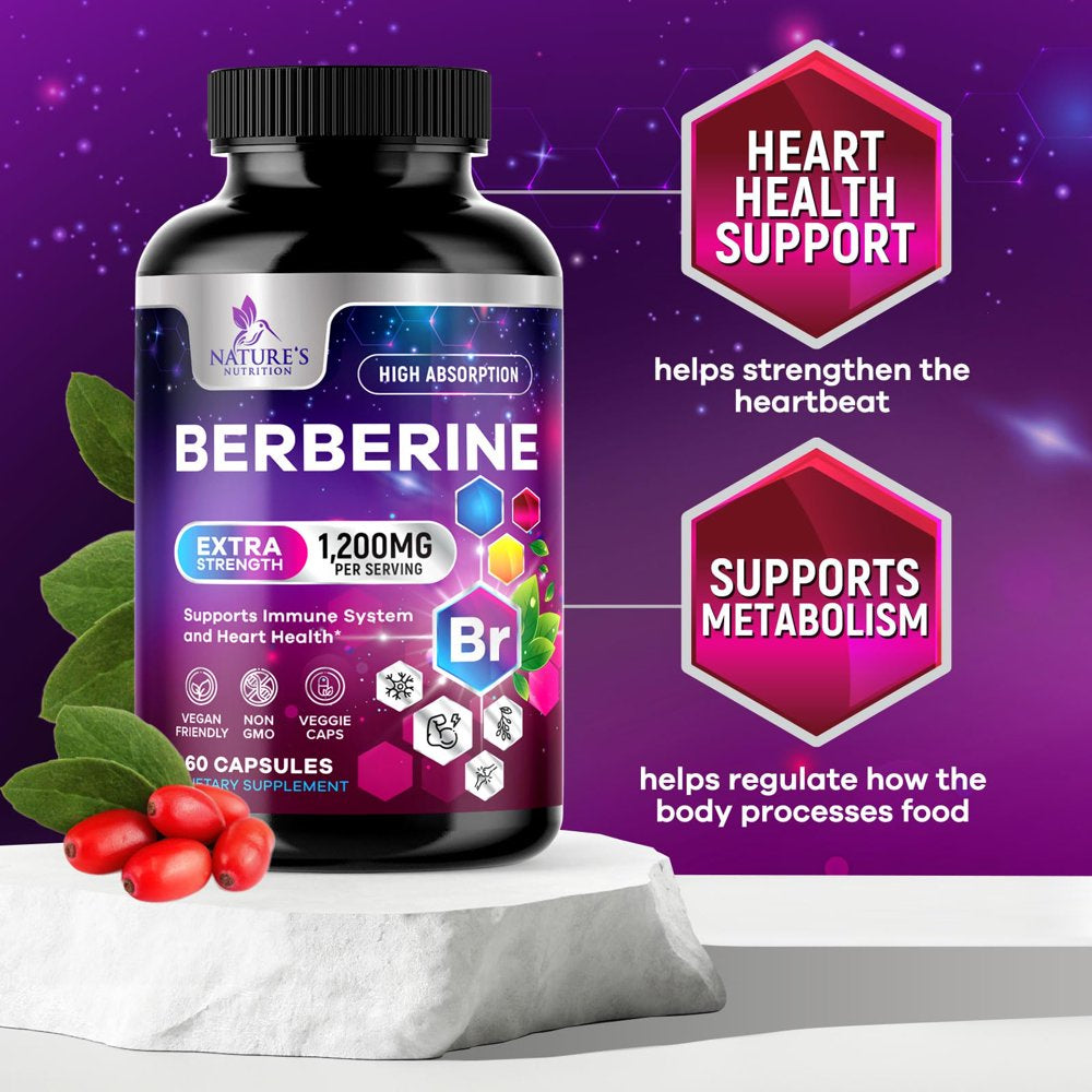 Berberine Supplement 1200Mg per Serving - High Absorption Heart Health Support & Immune System Support - Berberine plus - Berberine HCL Supplement Pills, Gluten-Free, Non-Gmo - 60 Veggie Capsules