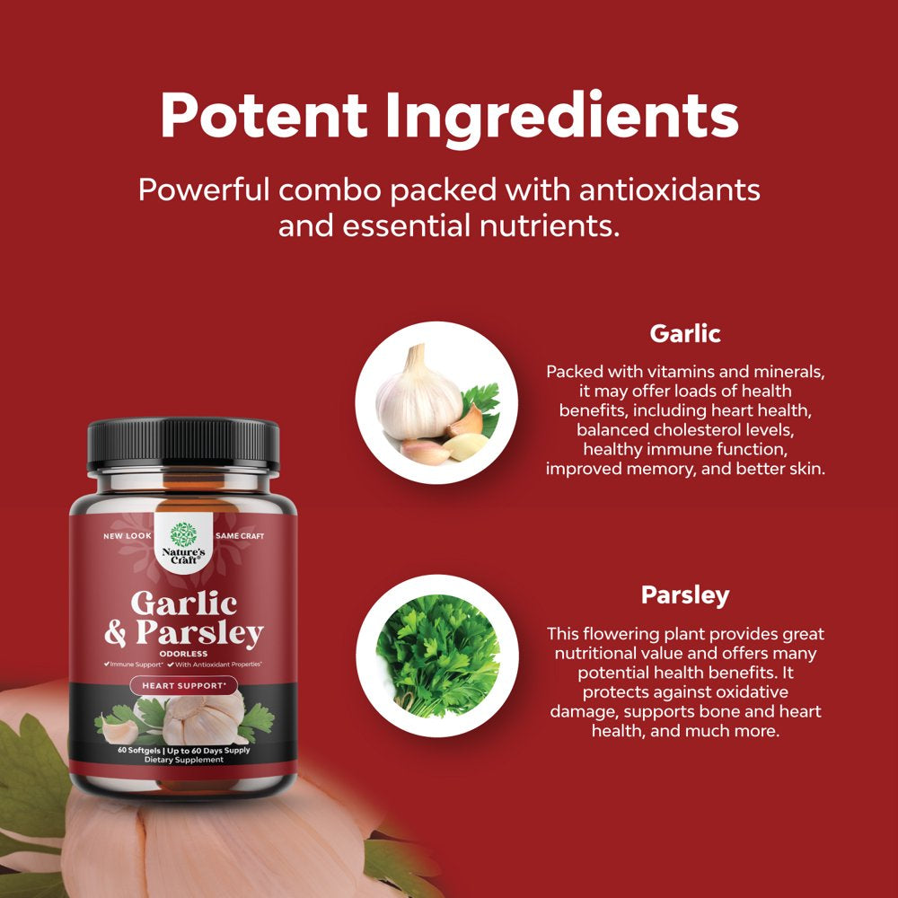 Super Concentrated Odorless Garlic Supplement - No Smell Easy to Swallow Antioxidant Garlic Pills for Immune Support and Heart Health - Odorless Garlic Softgels with Parsley Non GMO and Gluten Free