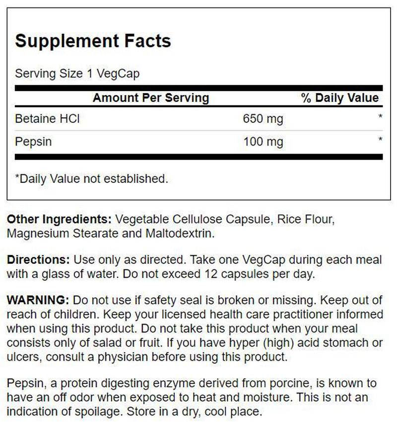 Solaray High Potency Betaine HCL with Pepsin 650 Mg | Hydrochloric Acid Formula for Healthy Digestion Support | Lab Verified | 100 Vegcaps