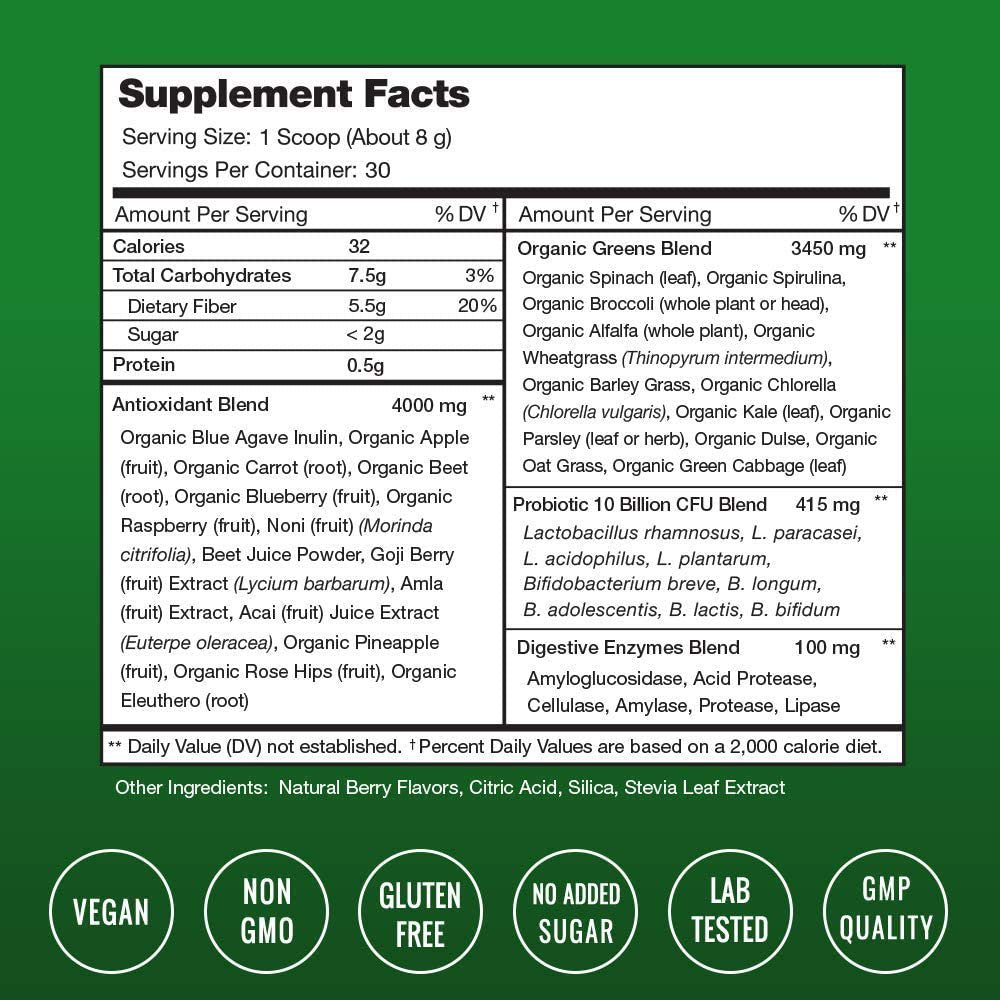 Nutrachamps Super Greens Powder Premium Vegan Superfood | 20+ Organic Green Veggie Whole Foods | Wheat Grass, Spirulina, Chlorella & More | Antioxidant, Digestive Enzyme & Probiotic Blends