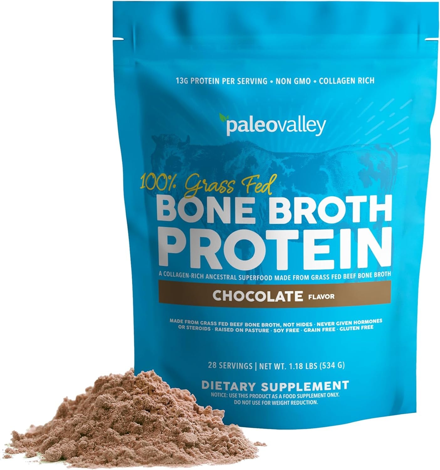 Paleovalley 100% Grass Fed Bone Broth Protein Powder - Chocolate - Rich in Collagen for Hair, Skin, Gut Health, Bone and Joint Support - 28 Servings