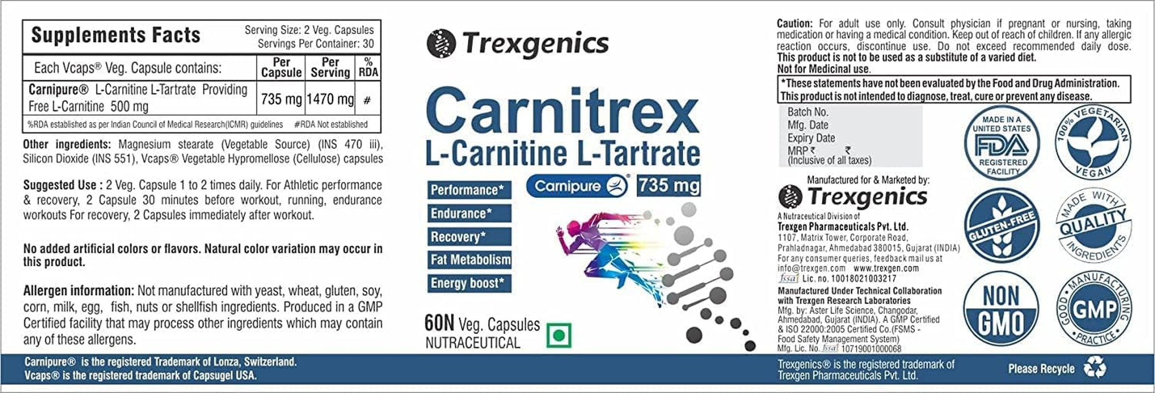 BETT Trexgenics® CARNITREX 735 - CARNIPURE (Lonza, Switzerland) L-Carnitine L-Tartrate 735Mg, Fat Metabolism, Energy, Endurance & Performance Boost Advanced Formula (60 Veg. Capsules)