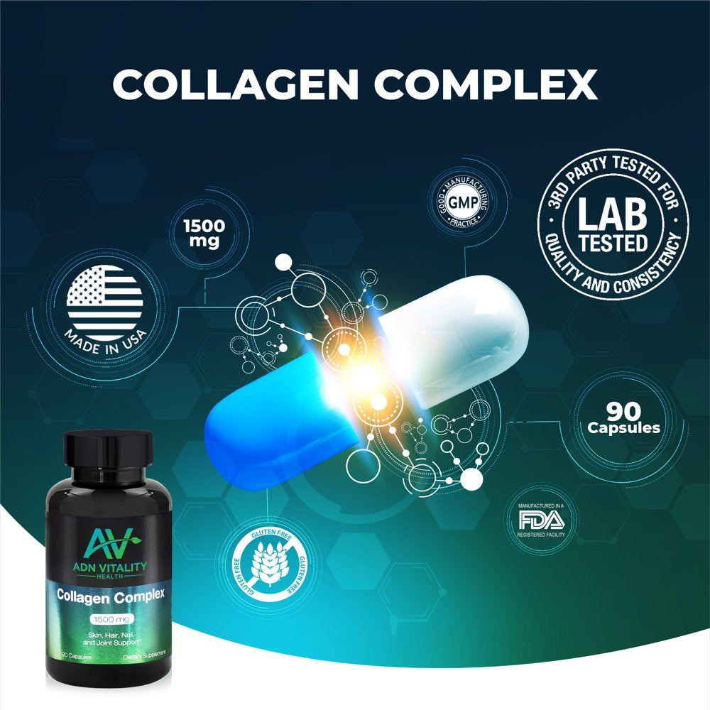 Collagen Peptides Pills - Hydrolyzed Multi Collagen Supplement - Collagen Capsules (Type I, II, III, V, and X) - by ADN VITALITY - Support Joints, Skin, Hair, and Nails - 90 Capsules