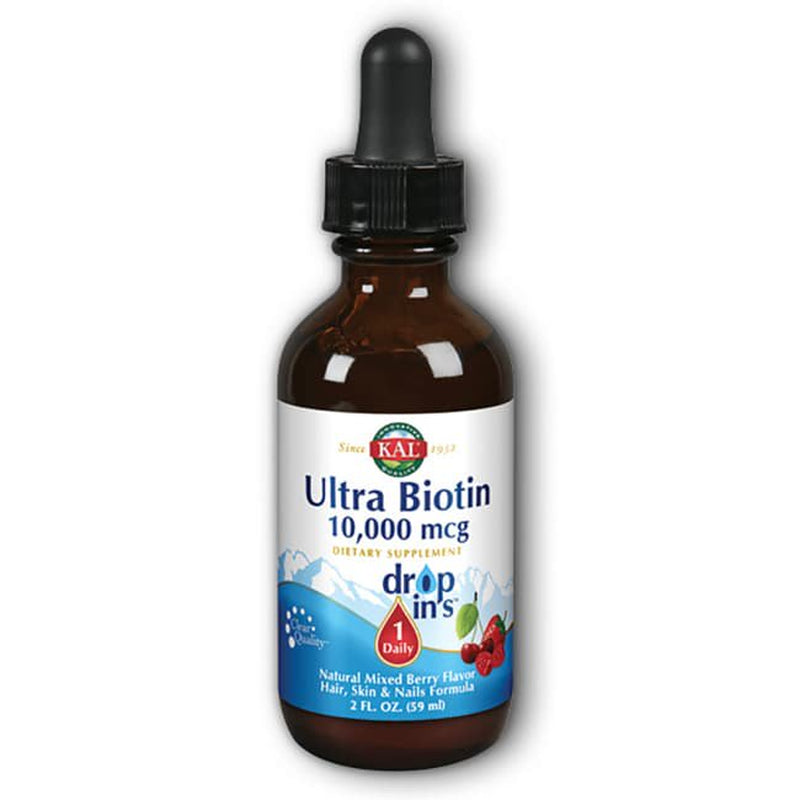 KAL Ultra Biotin Dropins 10,000 Mcg Supplement | Healthy Hair Growth Formula | Skin Health & Strong Nails Support | Natural Mixed Berry Flavor | 2Oz