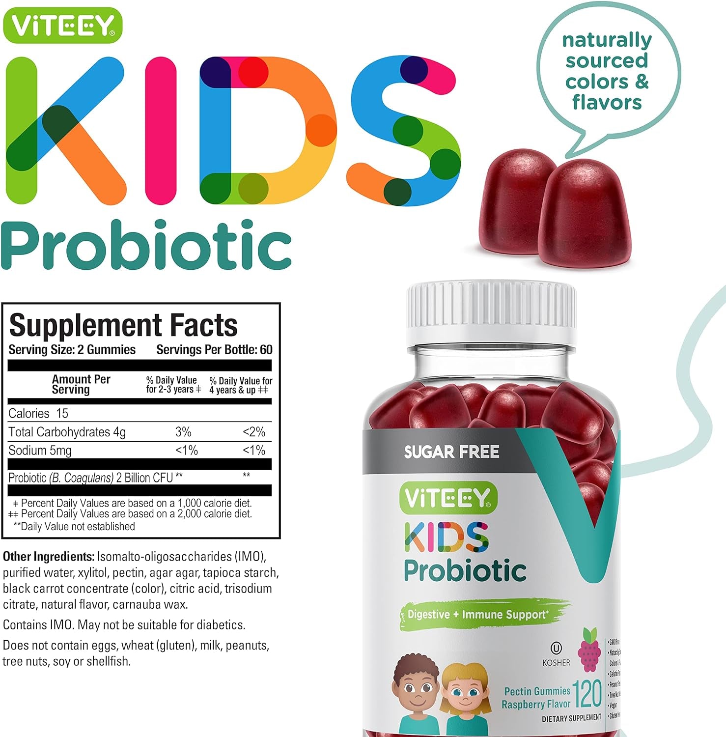 Probiotic Gummies for Kids - Sugar Free - 2 Billion CFU Probiotics for Immune Support & Digestive Support - Vegan, Non GMO, Gluten Free, Kosher - Tasty, Soft, & Chewable Raspberry Flavored Gummy