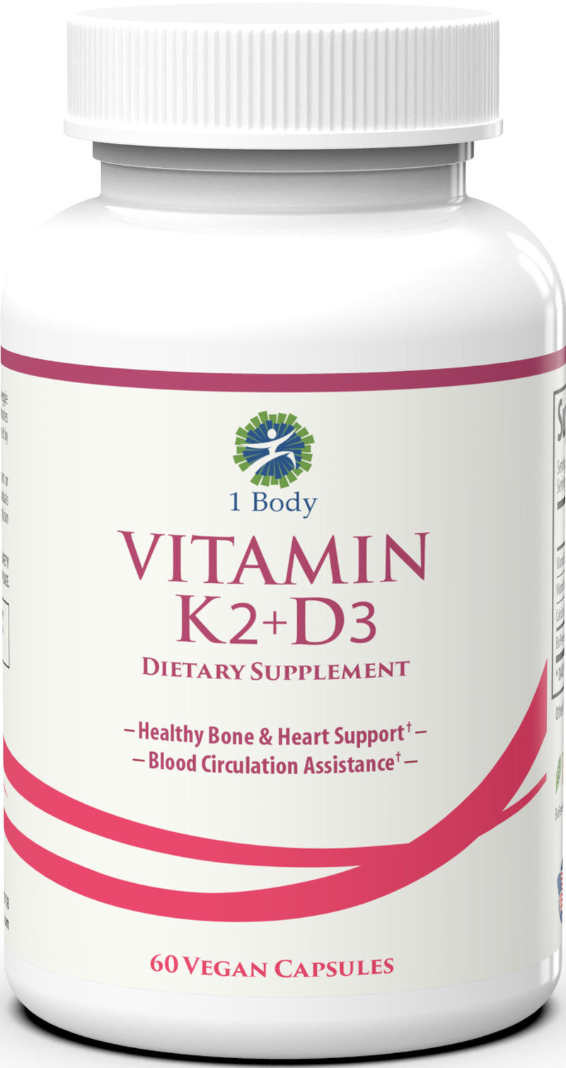 1 Body Vitamin K2 + D3 Supplement for Strong Bones, Healthy Heart & Mood Booster, 60 Vegan Capsules