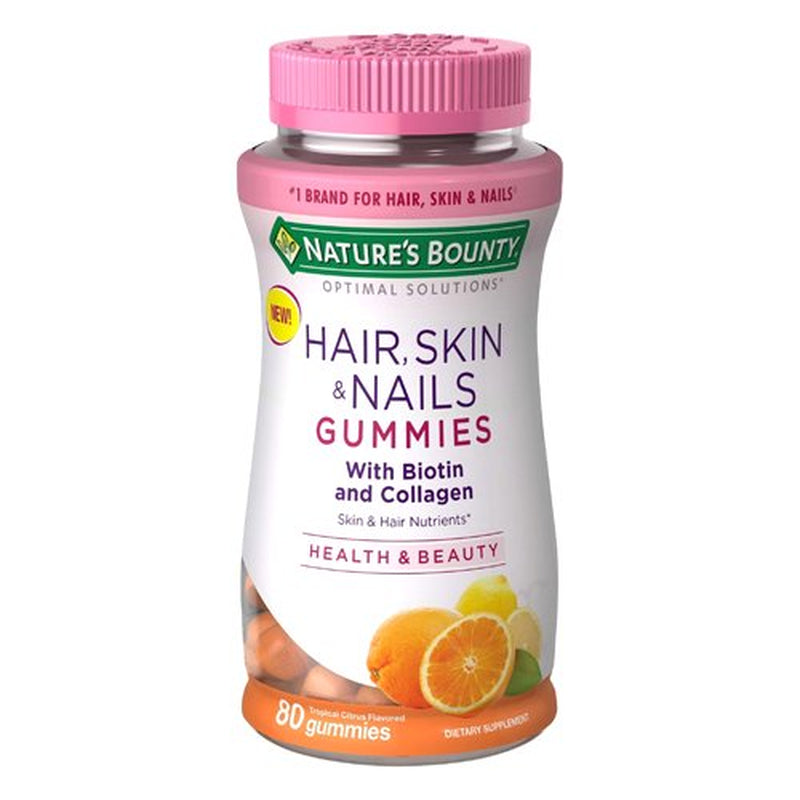 Natures Bounty Hair, Skin and Nail Health with Biotin and Collagen Supplement Gummies Tropical Citrus Flavored, 80 Ea, 3 Pack