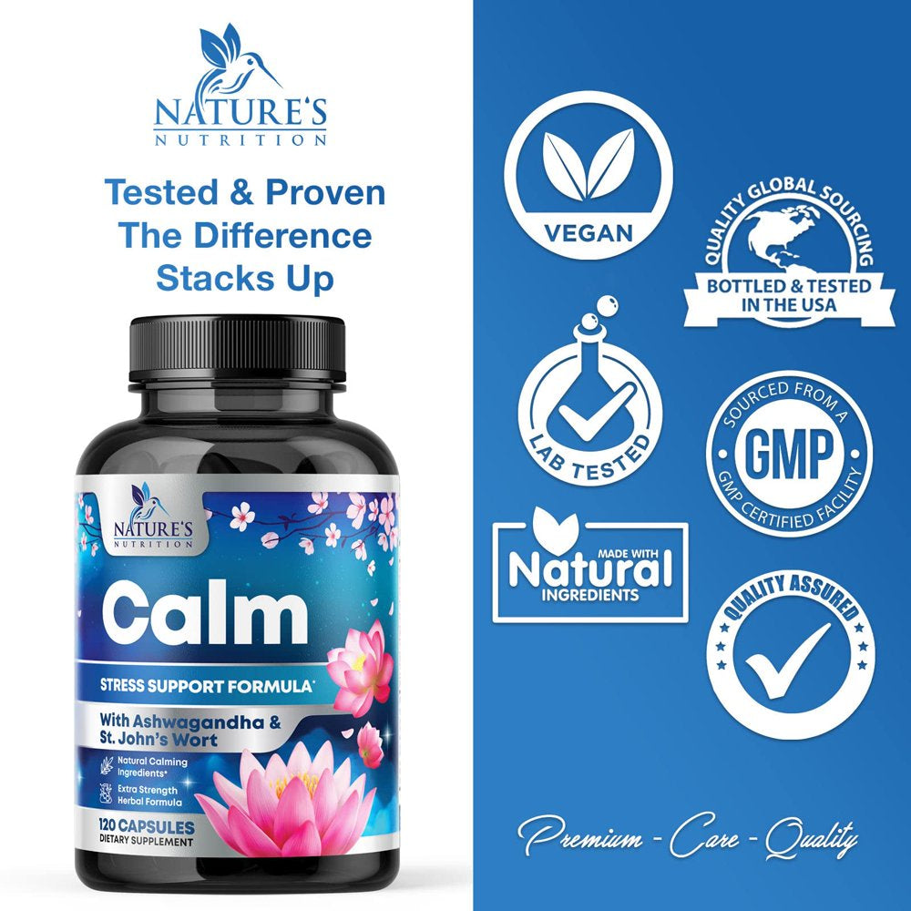 Nature'S Nutrition Calm & Stress Support Supplement - with Magnesium, Ashwagandha, 5-HTP, L-Theanine, GABA - Natural Stress & Immune Support to Relax, Focus, Unwind - Vegan & Non-Gmo - 120 Capsules