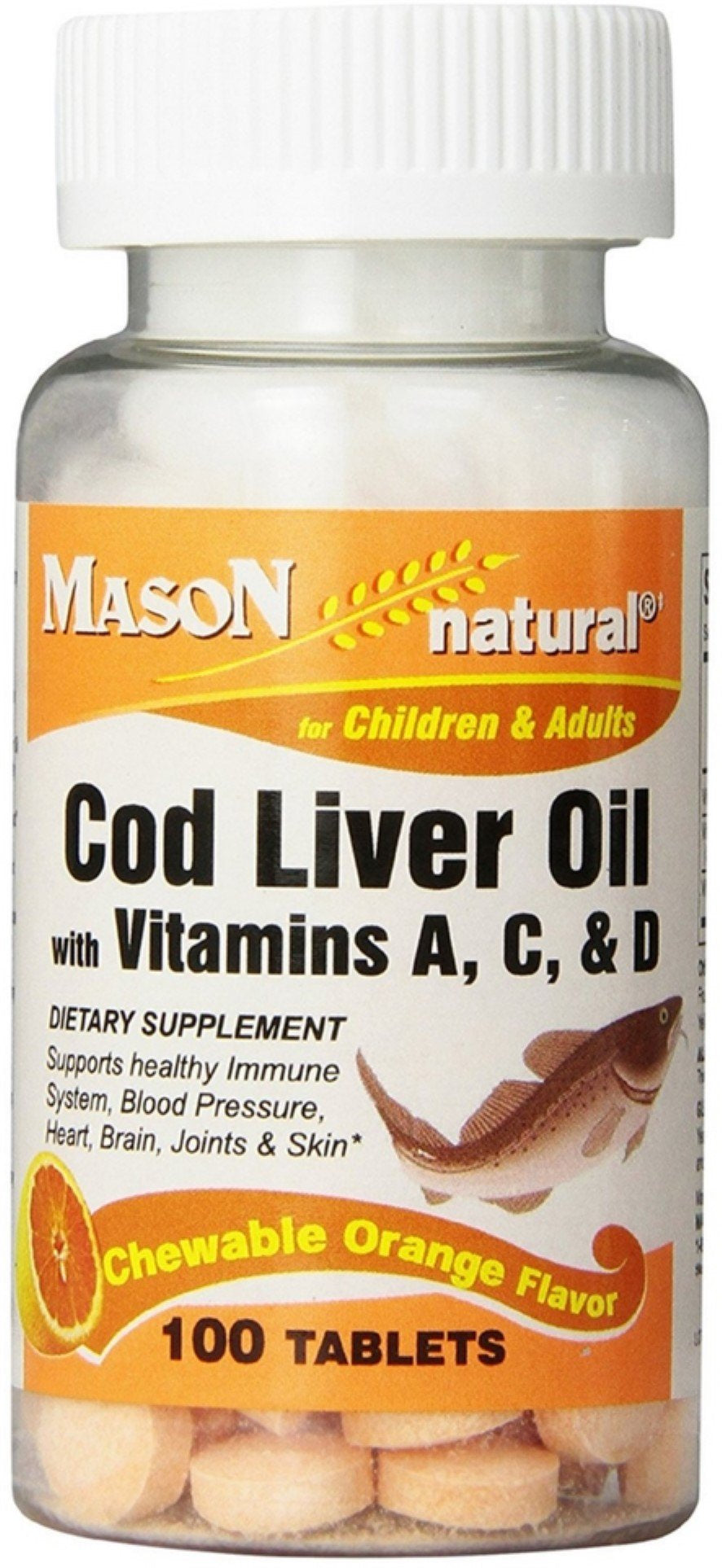 Mason Natural Cod Liver Oil Chewable Tablets, Orange Flavor 100 Ea (Pack of 3)