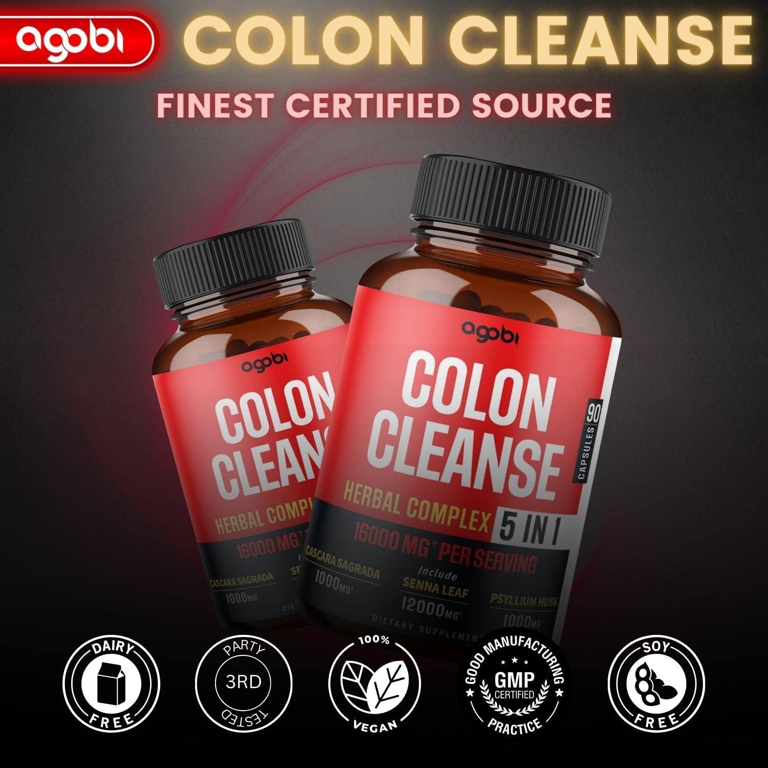 Colon Cleanse Support Supplement - 5In1 Formula 16000Mg with Senna Leaf, Cascara Sagrada Bark, Psyllium Husk, Flaxseed & Aloe Vera Gel - Gluten-Free, Non-Gmo - 90 Vegan Capsules