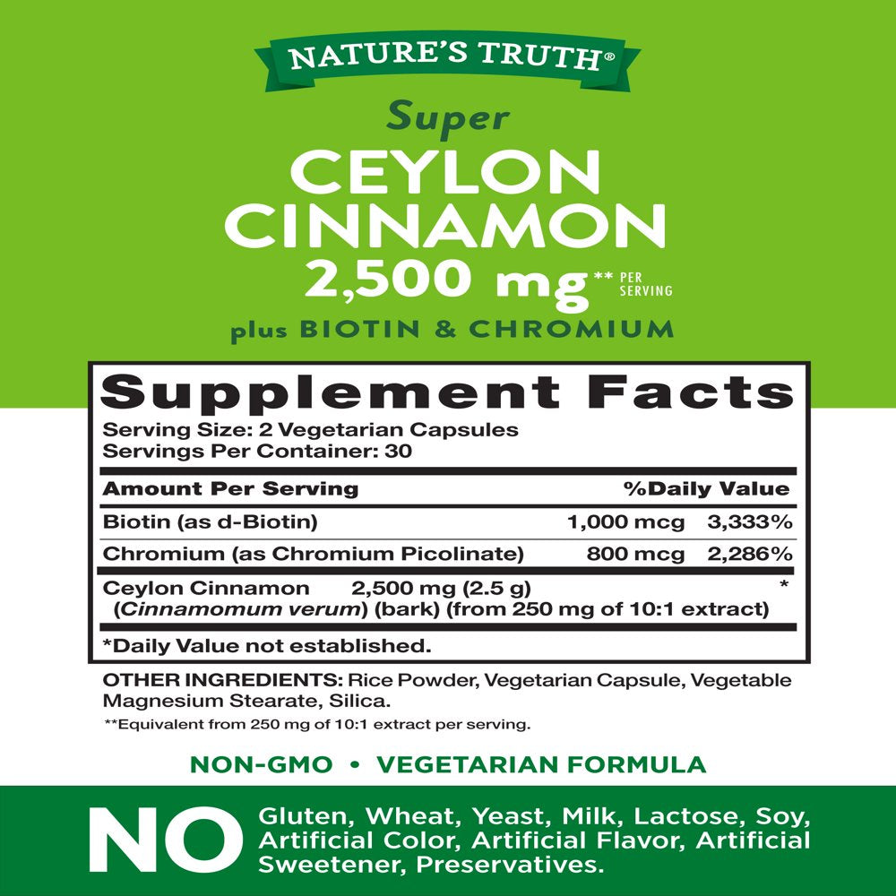 Cinnamon Capsules | 2500Mg | plus Chromium & Biotin | 60 Count | Non-Gmo & Gluten Free Supplement | by Nature'S Truth