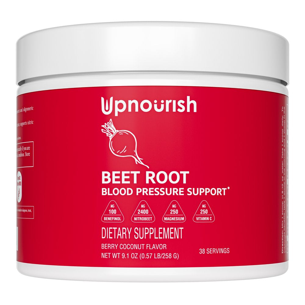 Upnourish Beet Root Powder High Blood Pressure Supplement - Beet Juice Nitric Oxide Blood Flow Heart Health Support - Hawthorn Berry Olive Leaf Potassium Magnesium Citrulline Aged Garlic 38 Servings