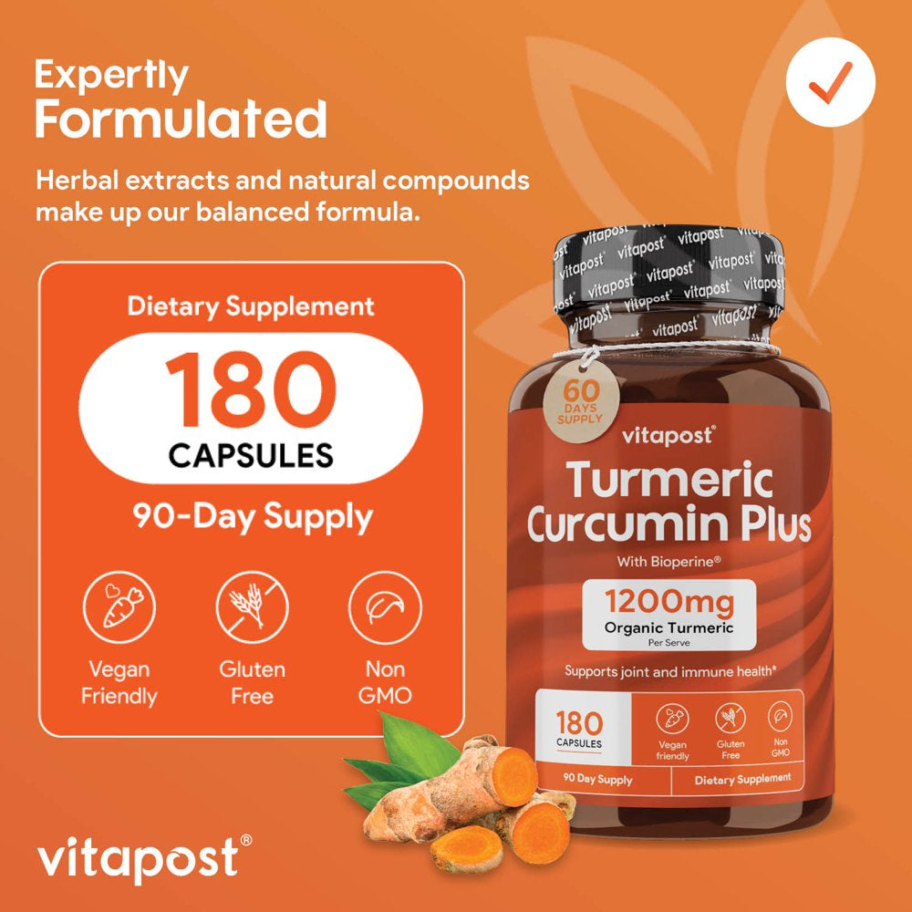 Vitapost Turmeric Curcumin plus Supplement for Joint, Muscle, Immune System Support - 180 Capsules