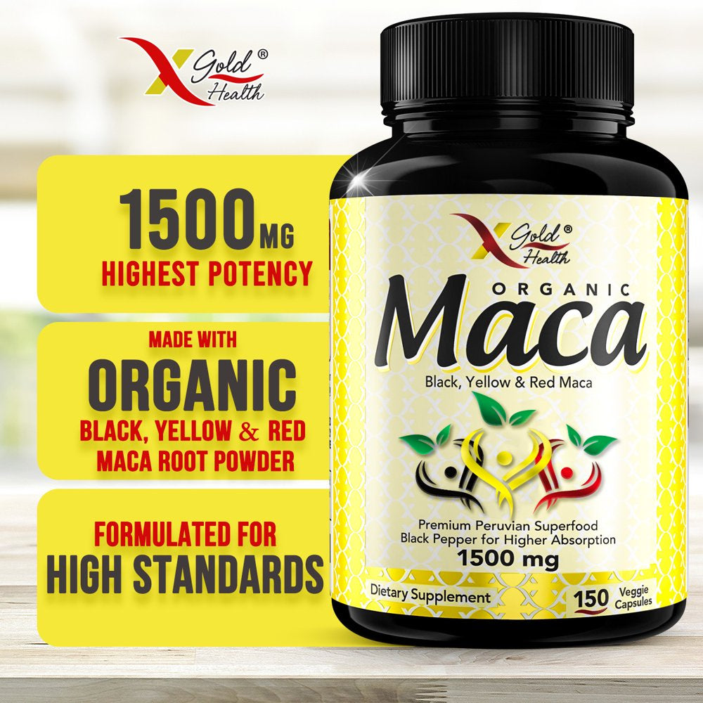 X Gold Health Organic Maca Root Powder Capsules Black, Yellow & Red Maca Pills 1500 Mg, 150 Count