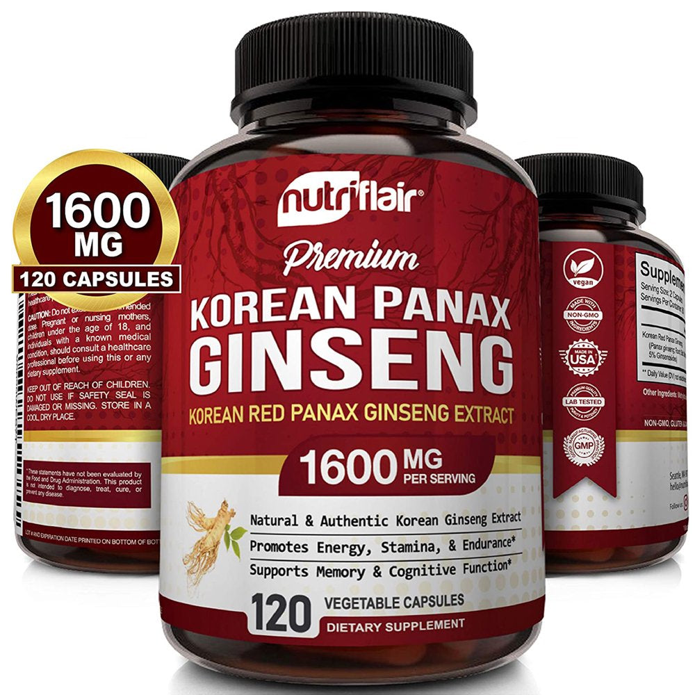 Nutriflair Korean Panax Ginseng Supplement for Energy Focus Libido Support 120 Vegetable Capsules