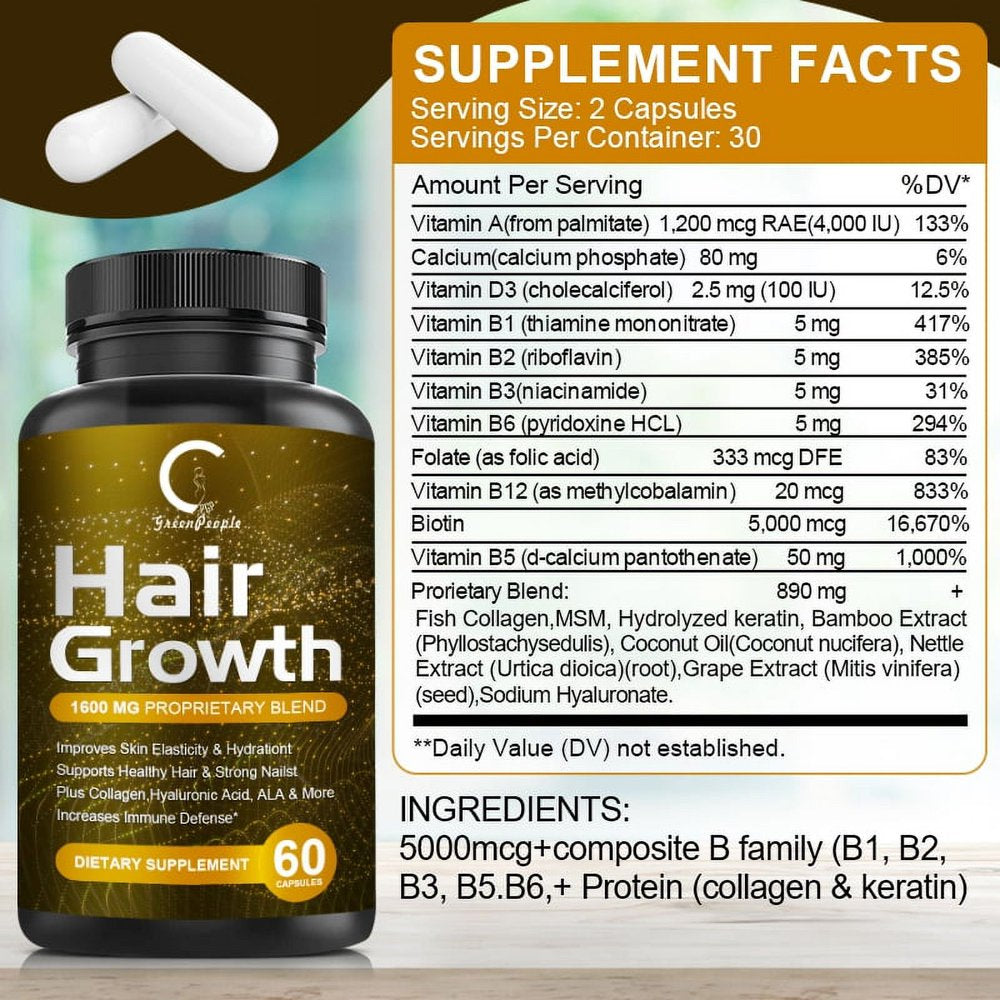 Women Hair Growth Supplement by GPGP Greenpeople, for Thicker, Stronger Hair - 60 Capsules Total - 1 Month Supply