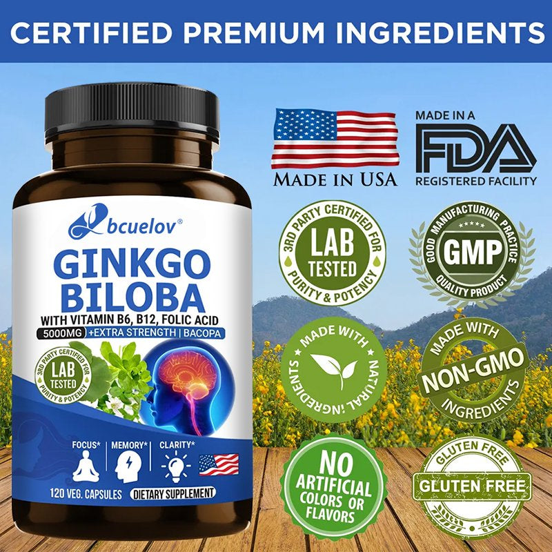 Ginkgo Biloba Supplement - with Vitamins B6 B12 - Standardized Extract 24% Ginkgo Flavonoid Glucosides 6% Terpene Lactones - Brain Memory Mental Clarity Alertness Energy Mood-120Capsules