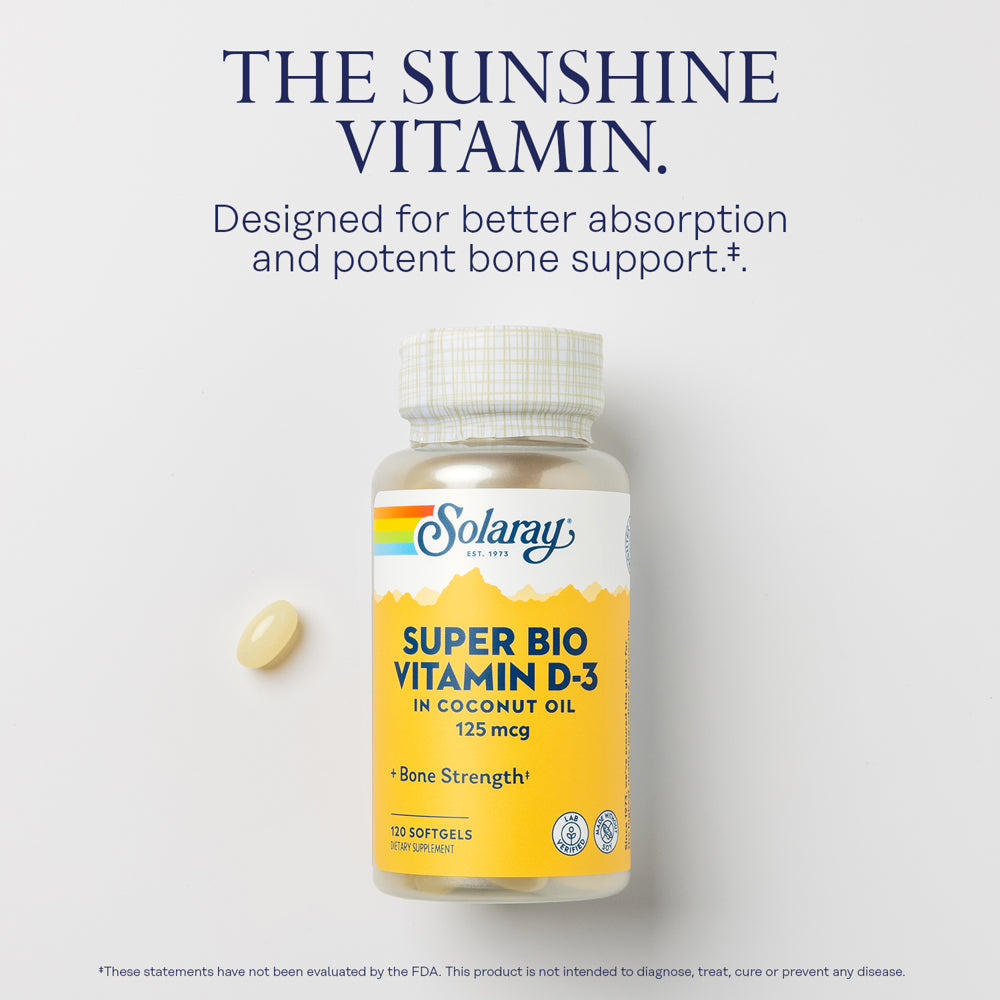 Solaray Super Bio Vitamin D-3 in Coconut Oil, Healthy Bone Strength & Immune Support, No Soy, 120 Softgels