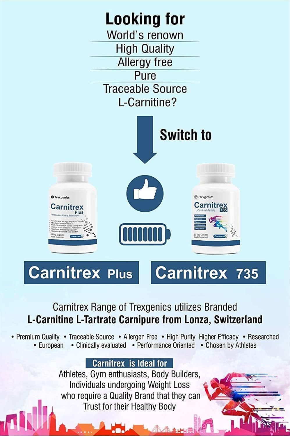 BETT Trexgenics® CARNITREX 735 - CARNIPURE (Lonza, Switzerland) L-Carnitine L-Tartrate 735Mg, Fat Metabolism, Energy, Endurance & Performance Boost Advanced Formula (60 Veg. Capsules)