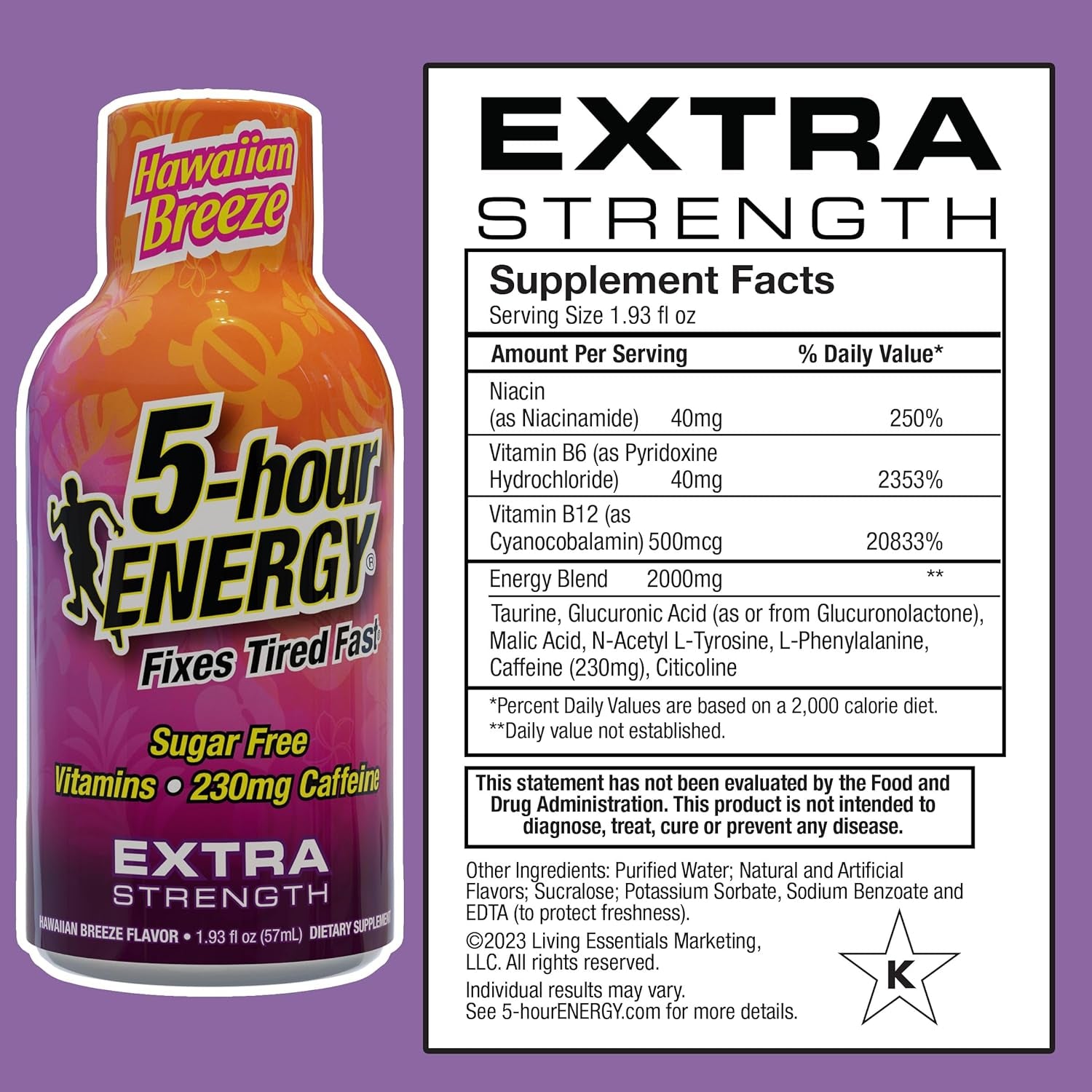 5-Hour ENERGY Extra Strength Energy Shot | Hawaiian Breeze Flavor | 1.93 Oz. | 24 Count | Sugar-Free & Zero Calories | B-Vitamins & Amino Acids | 230Mg Caffeinated Energy Shot | Dietary Supplement