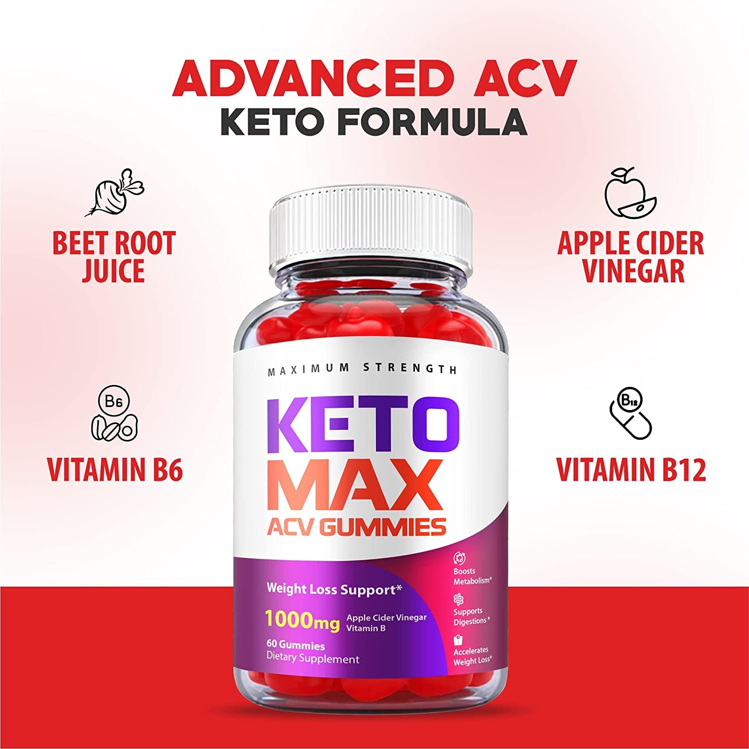 (5 Pack) Keto Max ACV Gummies - Official Formula, Vegan - Keto Max Gummies ACV with Apple Cider Vinegar 1000 Mg Gummy, Vitamin B12, Beet Root Juice, Pomegranate Juice, Ketomax Gummies (300 Gummies)