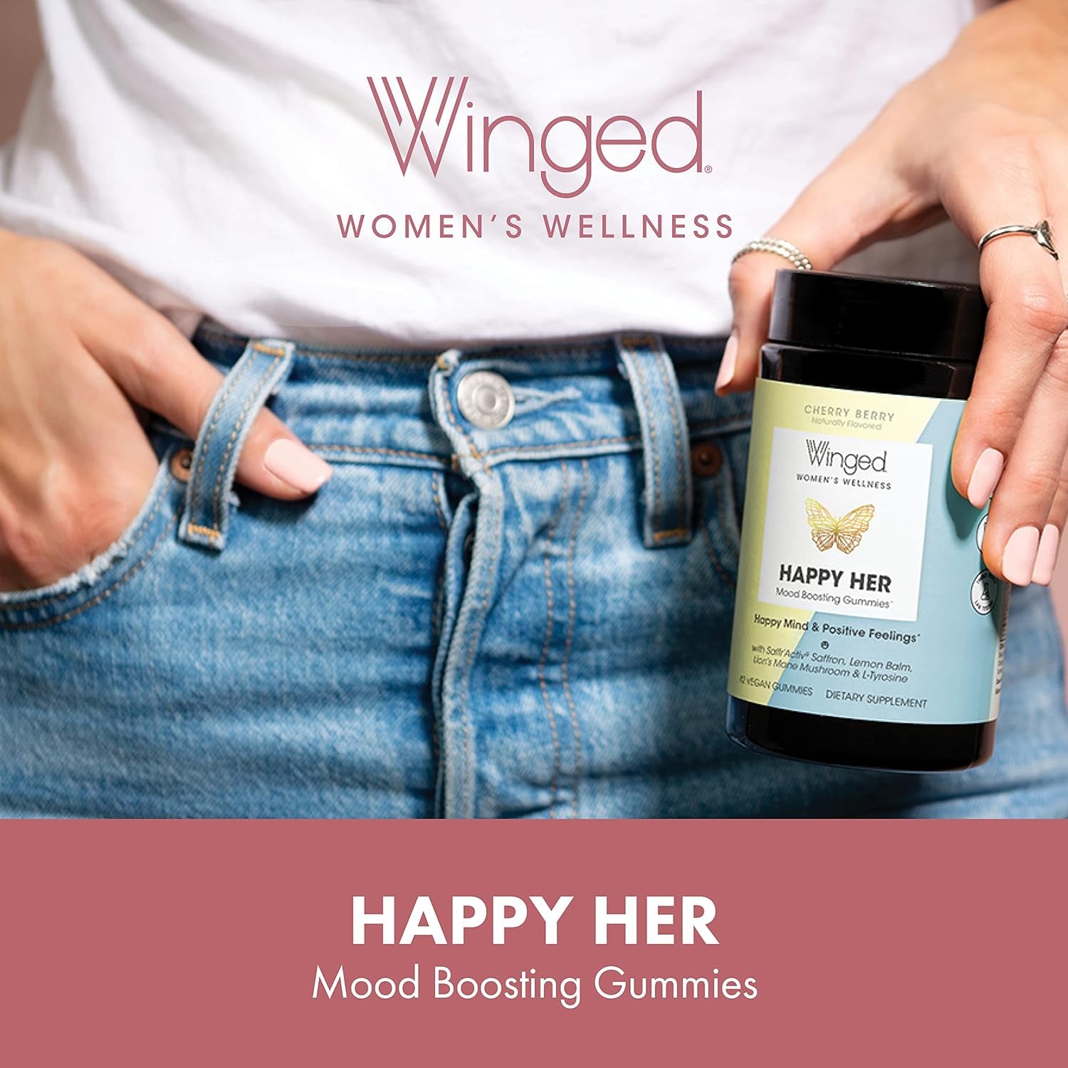 Winged Wellness Happy Her - Mood Support Gummies - Contains Saffr’ Activ Saffron Extract, 5-HTP, L-Tyrosine, Lion'S Mane, Lemon Balm, and Chaste Tree - Vegan Gummy, Cherry Flavored - 3 Pack, 126 Count