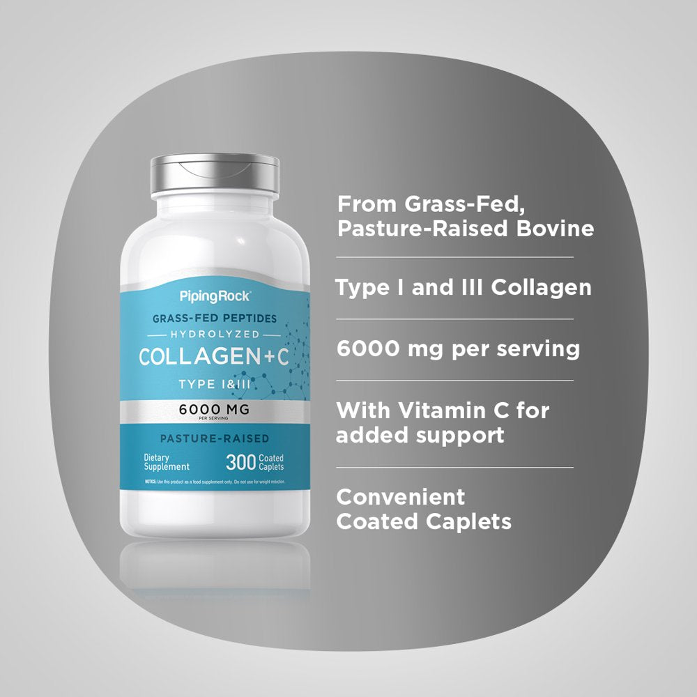 Collagen Pills 6000Mg | 300 Caplets | Hydrolyzed Peptide Supplement | Type I & III | Non-Gmo, Gluten Free | by Piping Rock