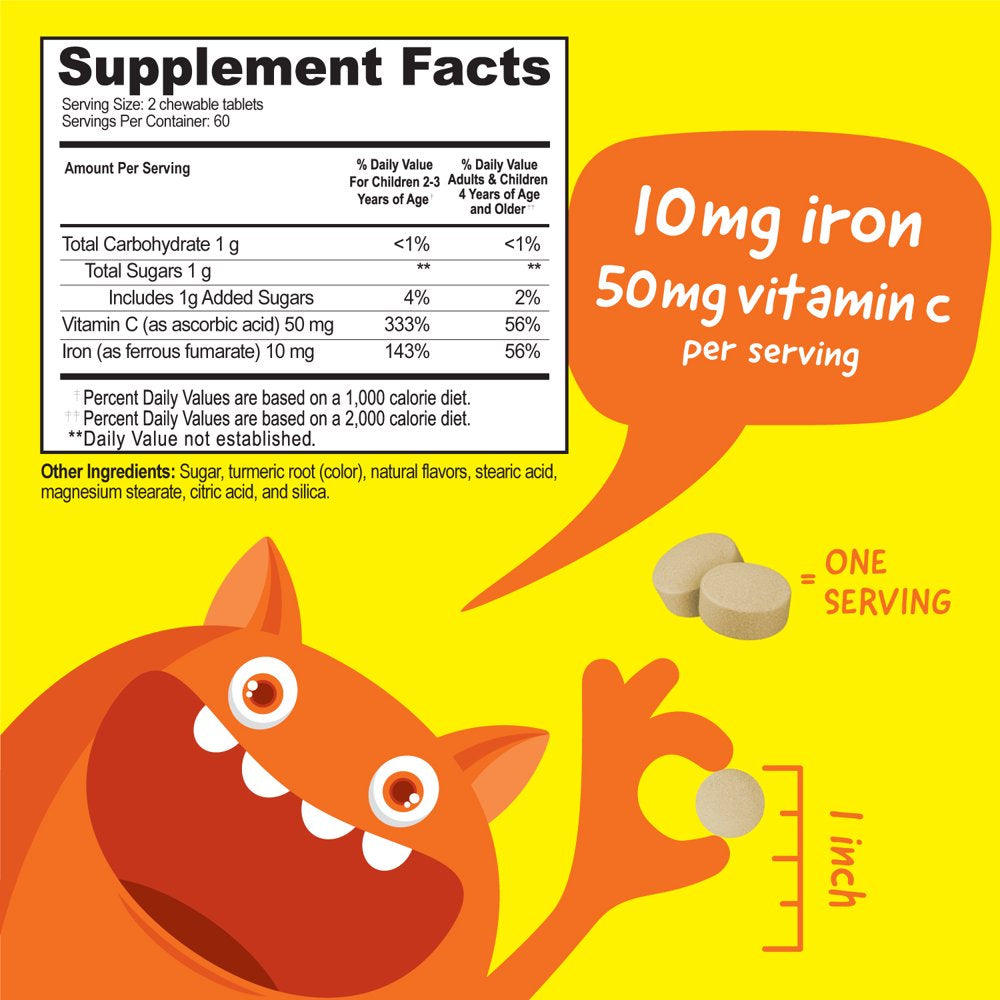 Vitaworks Kids Iron 10Mg W/ Vitamin C 50Mg, Dietary Iron Supplement, Blood Formation, 120 Chewables