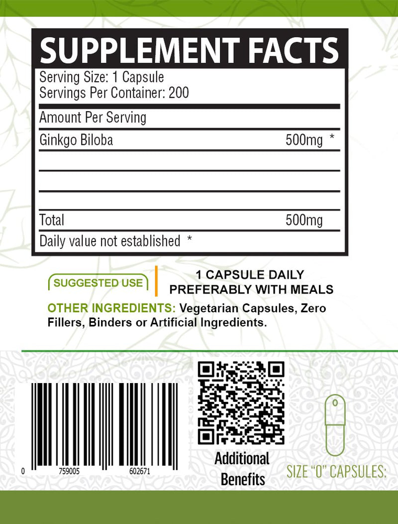 ORGANIC GINKGO BILOBA VEGETABLE CAPSULES (500Mg) Memory Enhancement