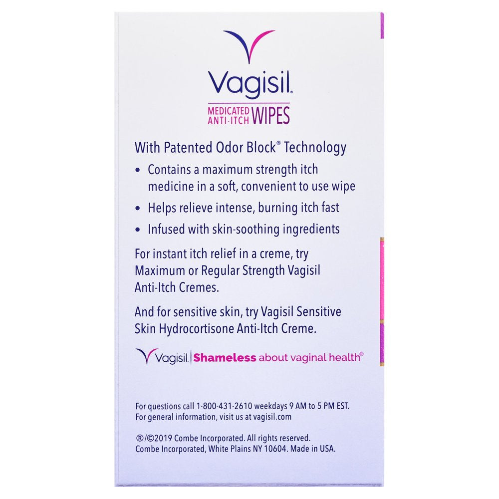 Vagisil Anti-Itch Medicated Wipes, Maximum Strength for Instant Relief, 12 Count, Unscented